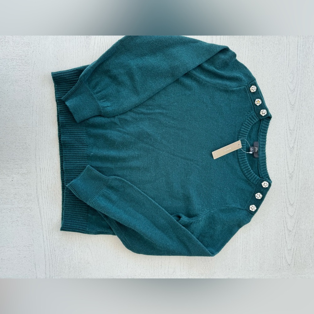 J. Crew Teal Crewneck Sweater with Embellished Shoulder Buttons